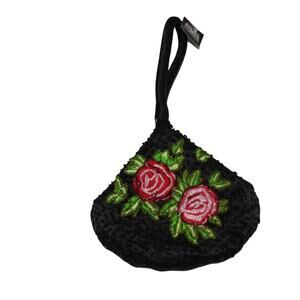 Bijou Terner Elegant Black Beaded Bag with Rose Floral Design Satin Y2k